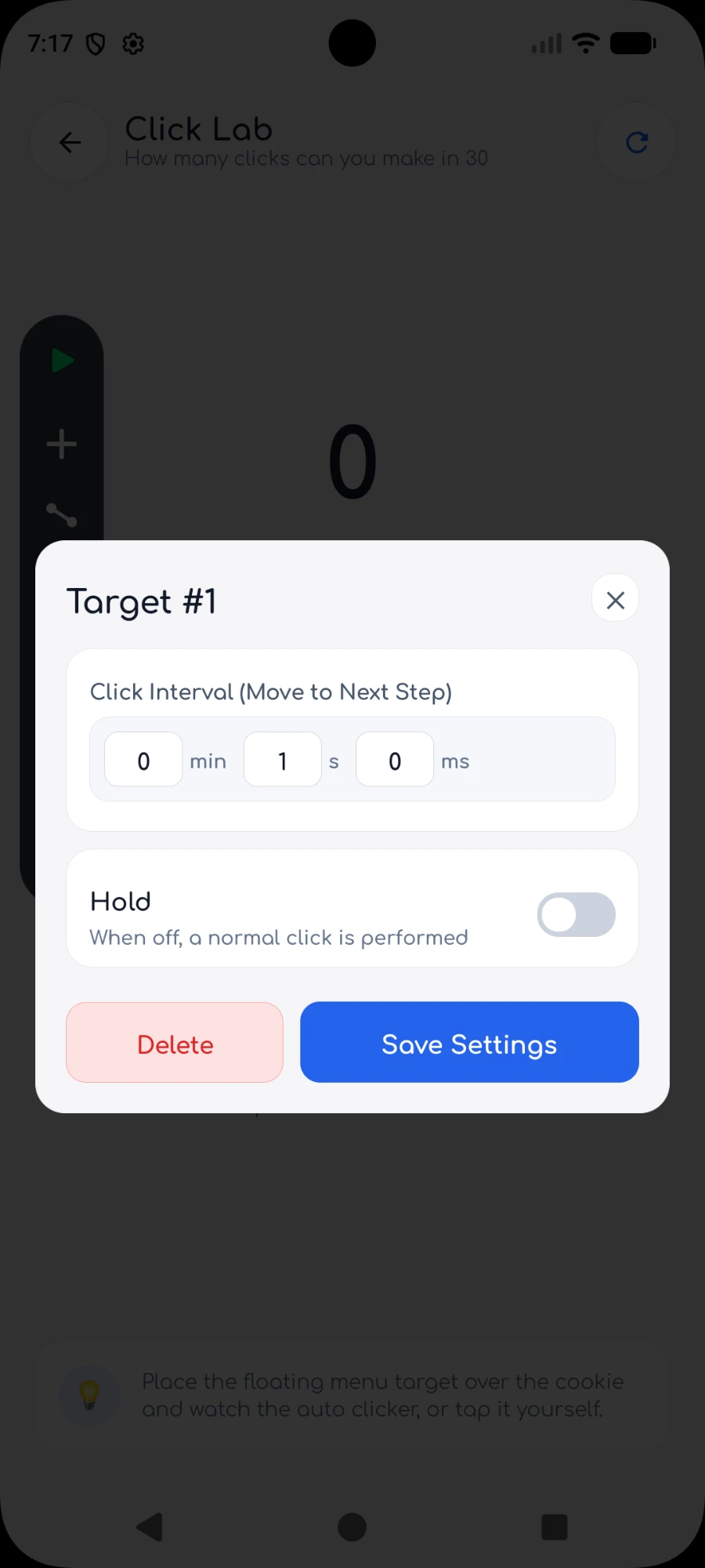 Settings for one tap point