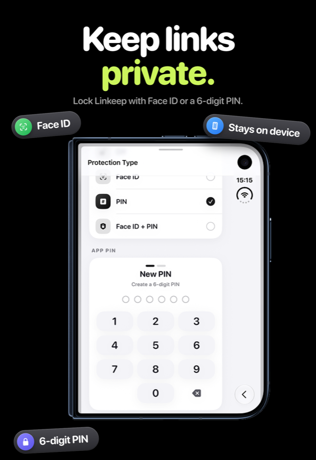 Protection type settings with Face ID, PIN and a 6-digit PIN keypad